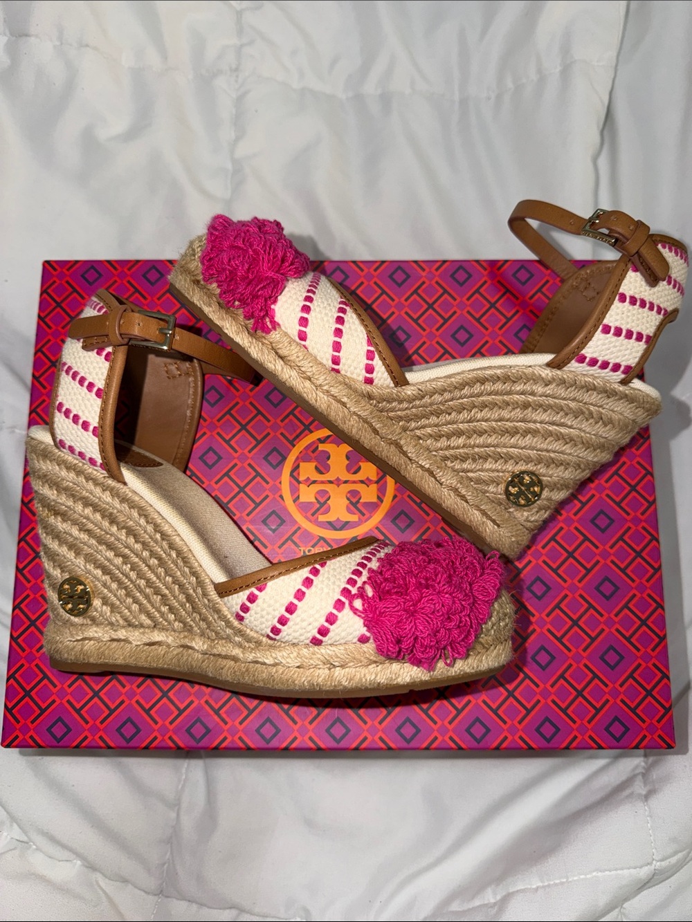 Tory Burch Cream and Hot Pink Pom-Pom Espadrille Wedge Sandals